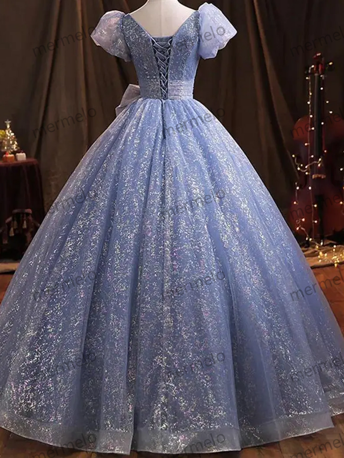 Ballgown, Prom Dress, Quinceanera Dress, Short Sleeves Ballgown, Blue Sparkly Ballgown