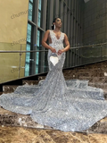 Beading African Black Girls Mermaid Party Gowns Sequin Evening Dress