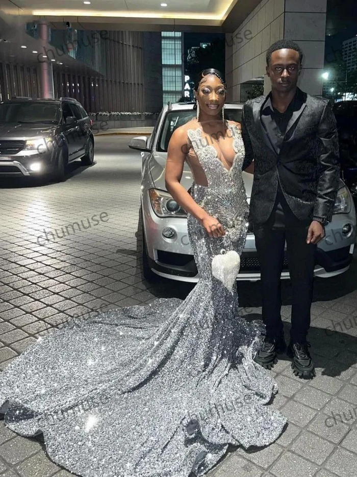 Beading African Black Girls Mermaid Party Gowns Sequin Evening Dress