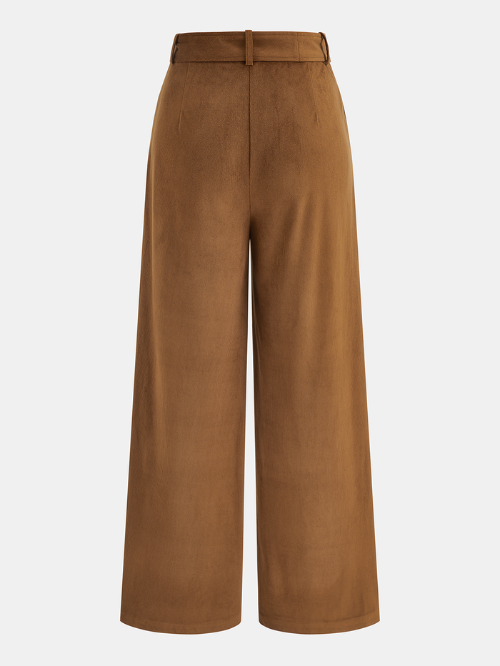 Belted Mid-Waist Corduroy Pleated Pants