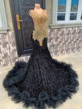 Black and Gold sequins velvet Prom mermaid dress, photo shoot, birthday dress, engagement dress