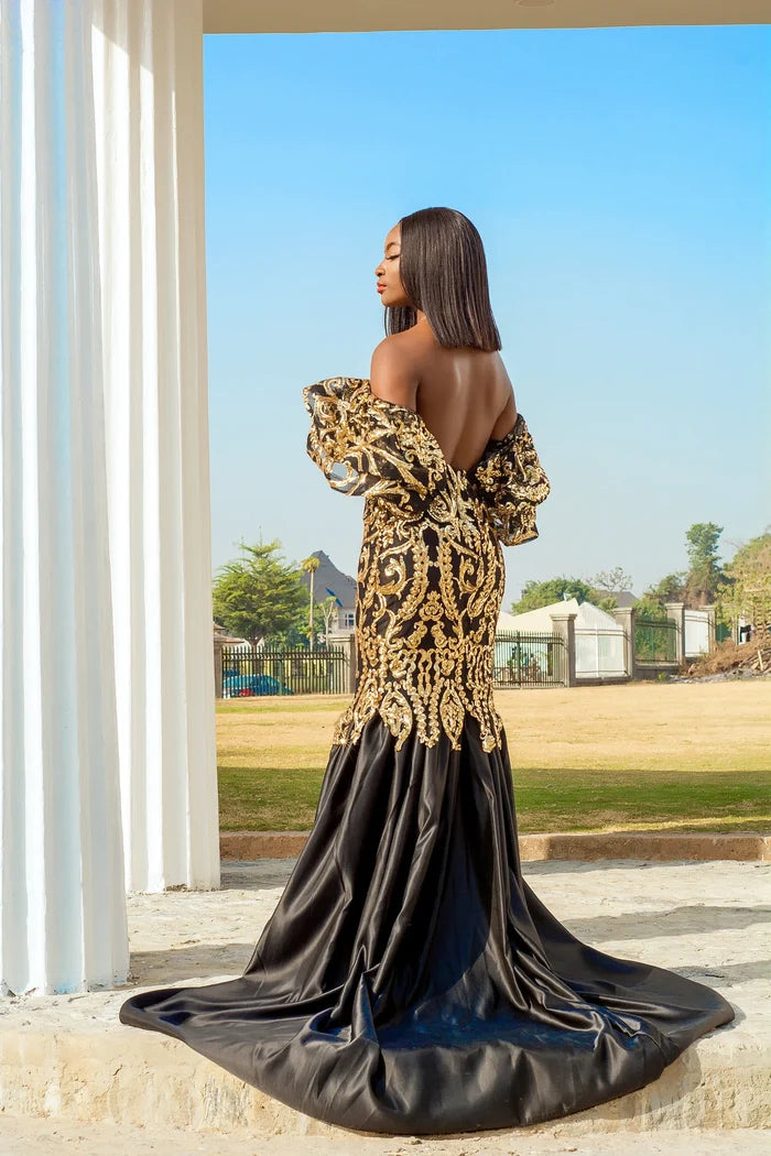 Black & Gold Evening Gown with Mermaid Train, Gold Dresses for Events, Elegant Off-Shoulder Black and Gold Mermaid Dress