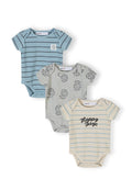 Three boys' ribbed short sleeve bodysuits in blue, grey, and beige with lion prints and stripes.