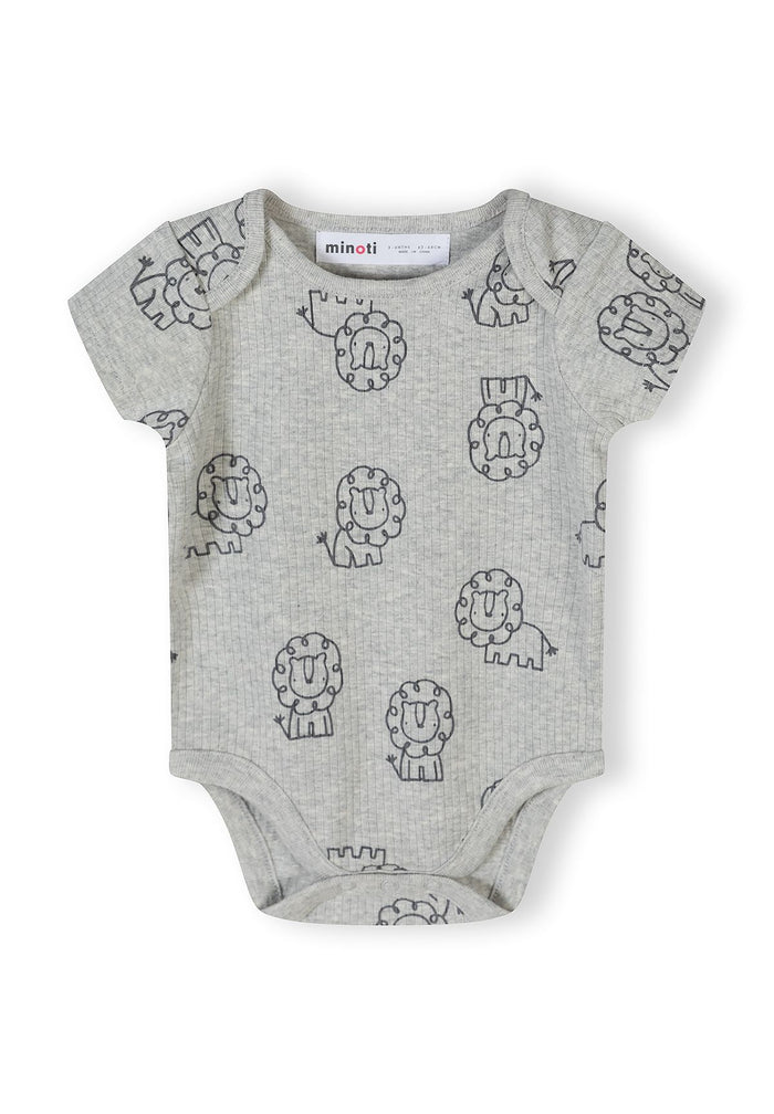 Boys short sleeve bodysuit in gray with lion prints, front view.