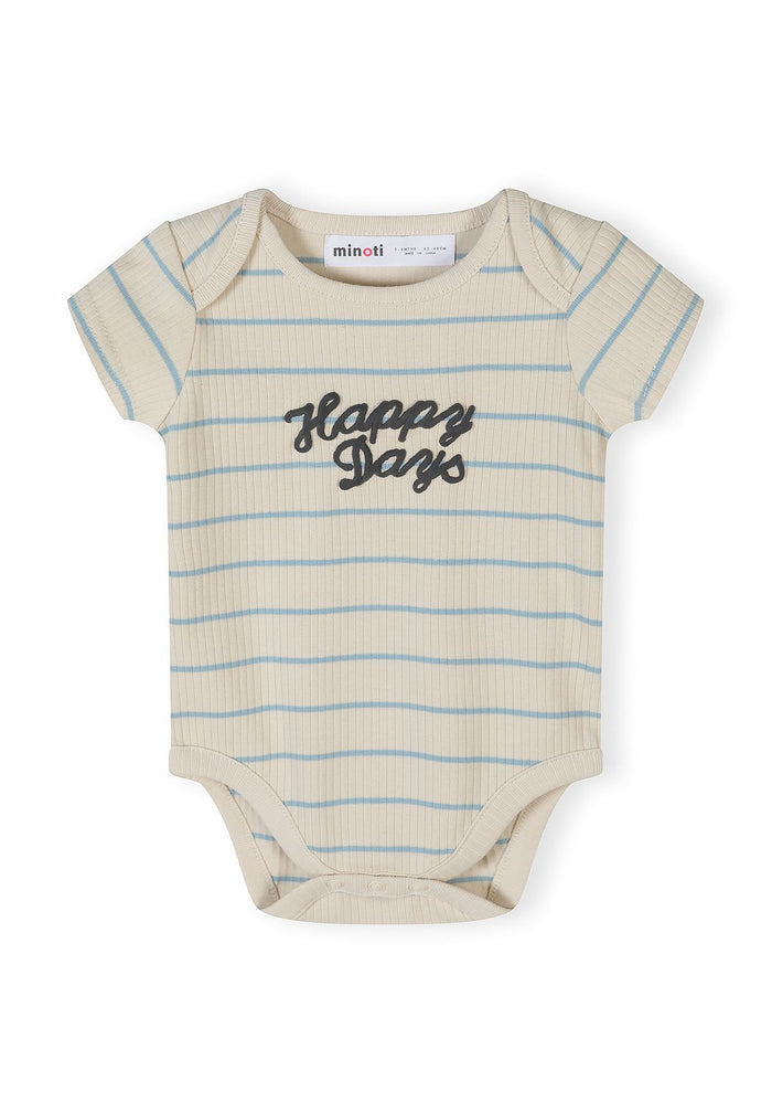 Boys ribbed short sleeve bodysuit, striped design with 'Happy Days' print, close-up view.