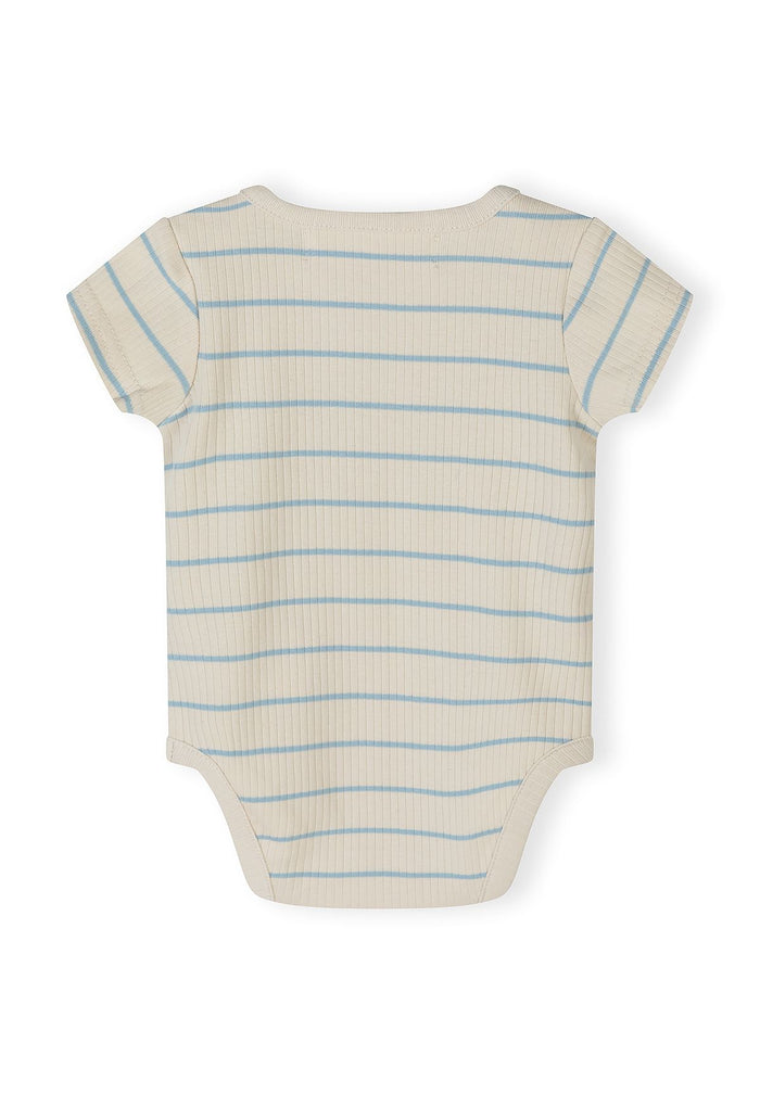 Boys ribbed short sleeve bodysuit, back view with blue stripes.