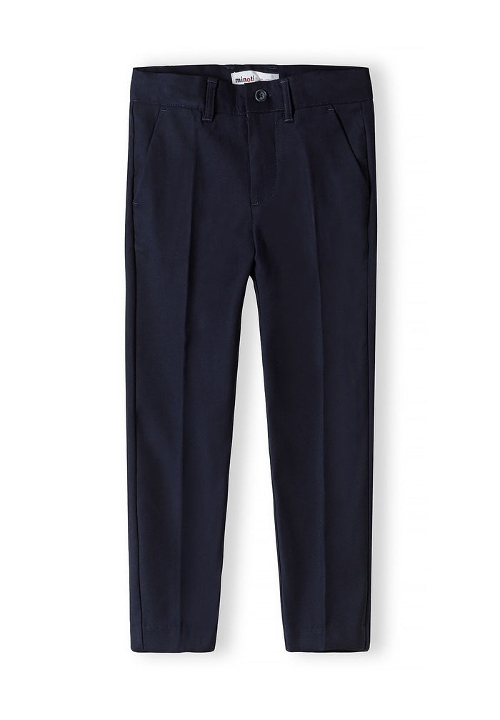 Boys slim fit navy blue formal trousers, front view with side pockets and zip-fly.
