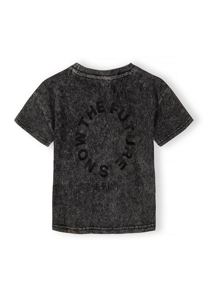 Boys grey acid wash t-shirt, back view with circular graphic.