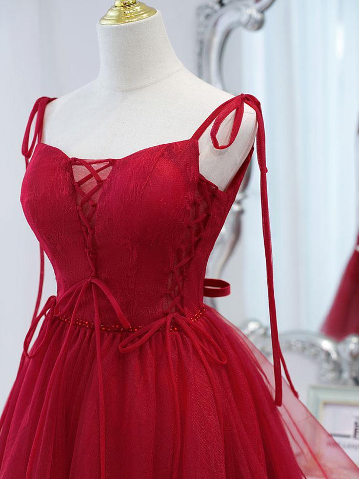 Burgundy tulle lace short prom dress, burgundy homecoming dress