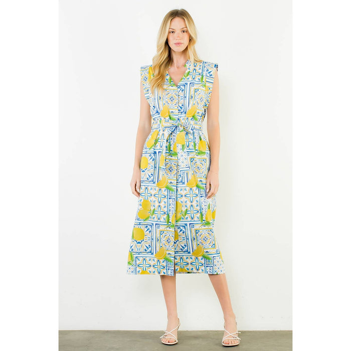 THML Button Down Midi Lemon Dress with Tie Waist