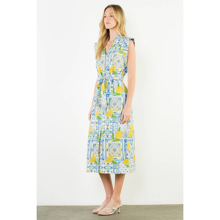 Button Down Midi Lemon Dress with Tie Waist