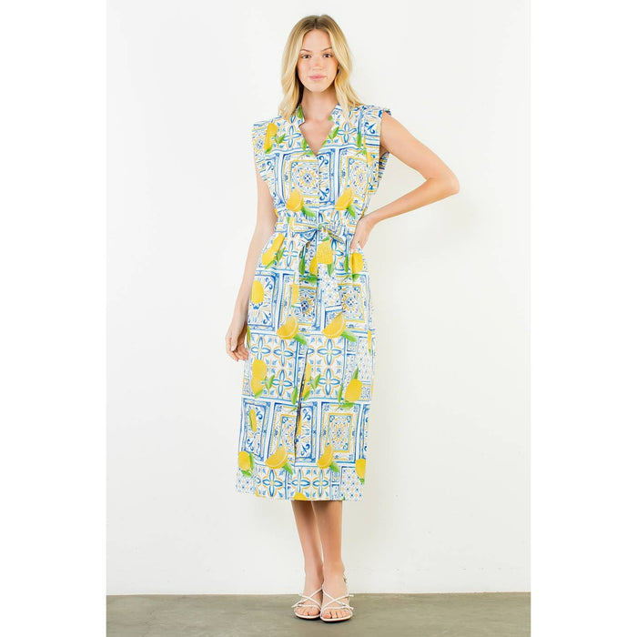 Button Down Midi Lemon Dress with Tie Waist
