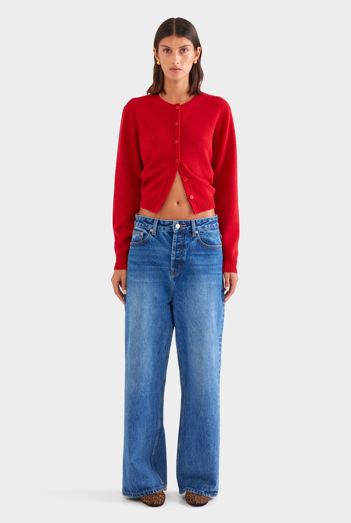 Cinched Merino Wool Cardigan - Red