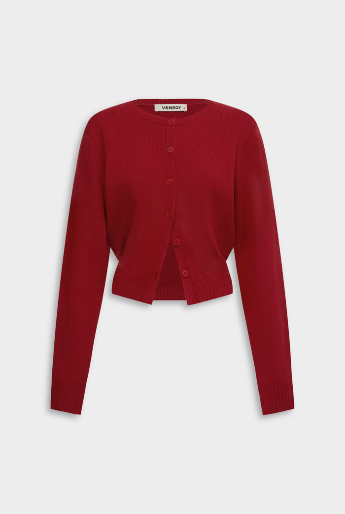 Cinched Merino Wool Cardigan - Red