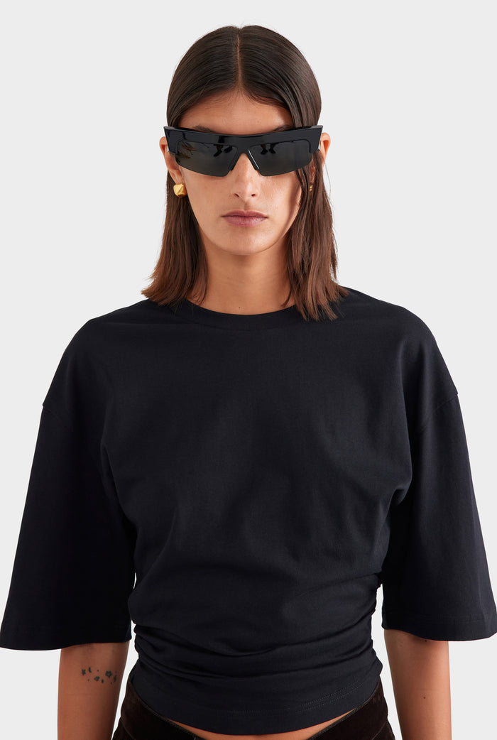 Cinched Waist Cotton Tee - Black