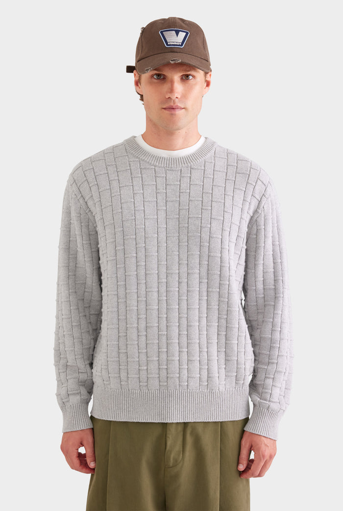 Cotton Cashmere Check Crewneck Sweater - Light Grey Marl