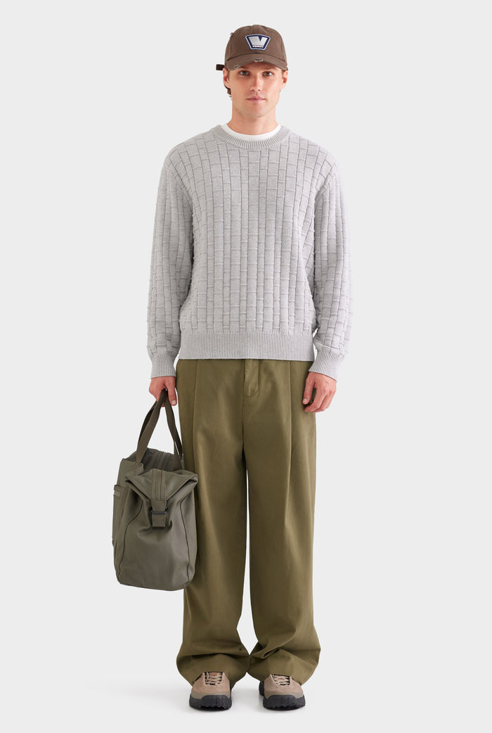 Cotton Cashmere Check Crewneck Sweater - Light Grey Marl