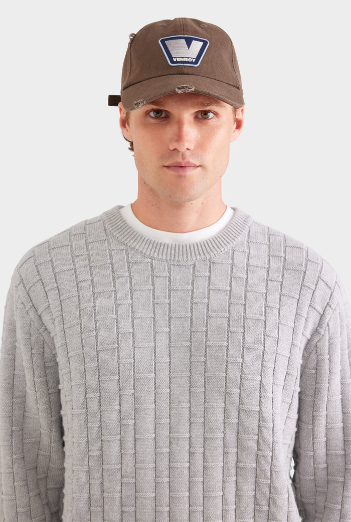 Cotton Cashmere Check Crewneck Sweater - Light Grey Marl