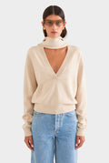 Cotton Cashmere Scarf V Neck Sweater - Oat