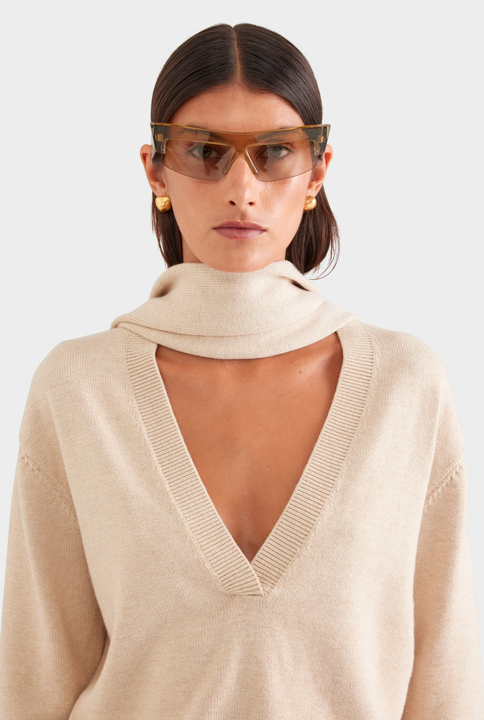 Cotton Cashmere Scarf V Neck Sweater - Oat