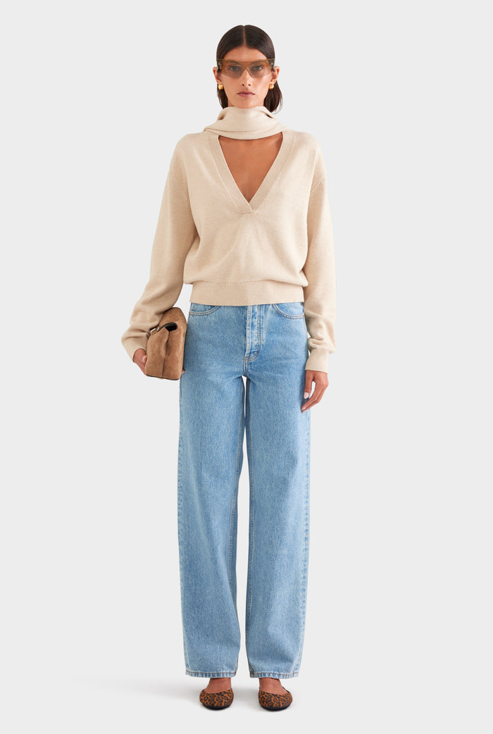 Cotton Cashmere Scarf V Neck Sweater - Oat