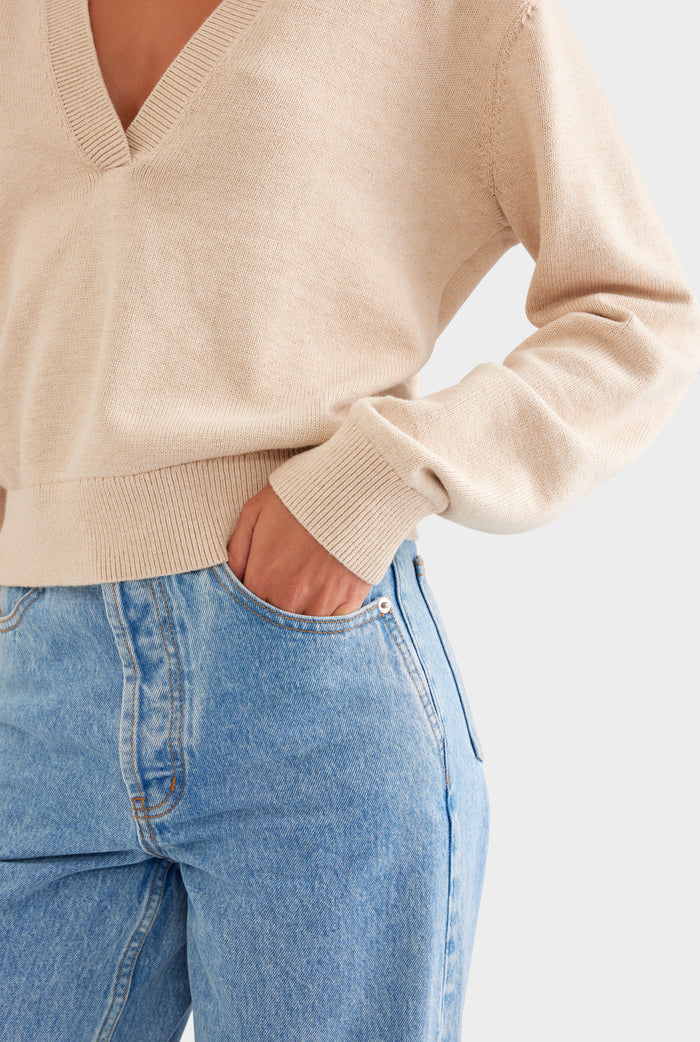 Cotton Cashmere Scarf V Neck Sweater - Oat