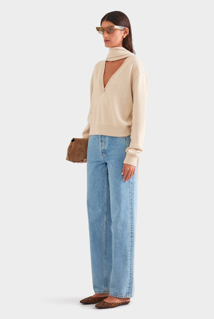 Cotton Cashmere Scarf V Neck Sweater - Oat
