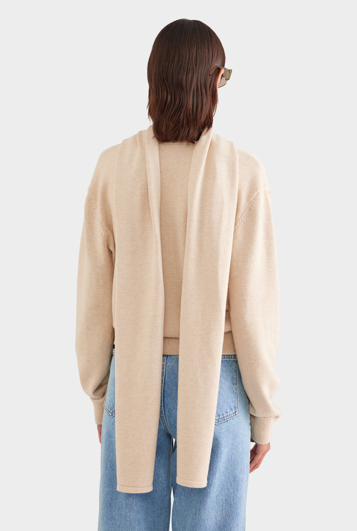 Cotton Cashmere Scarf V Neck Sweater - Oat