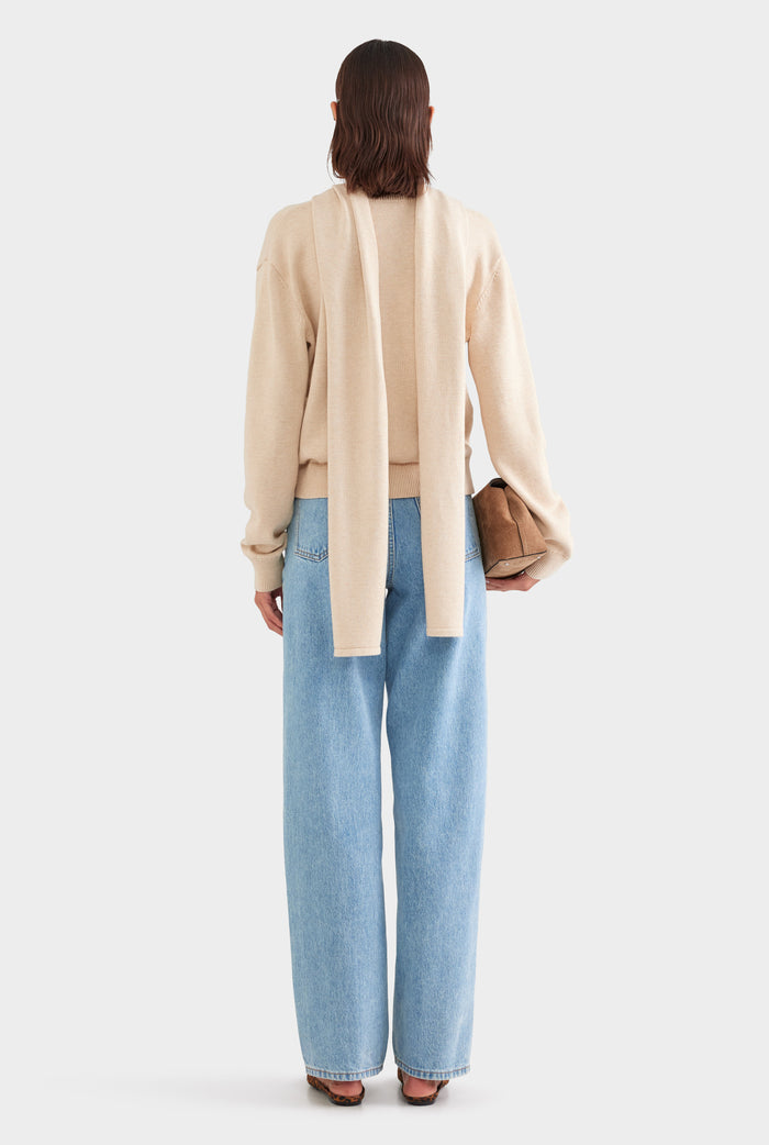 Cotton Cashmere Scarf V Neck Sweater - Oat