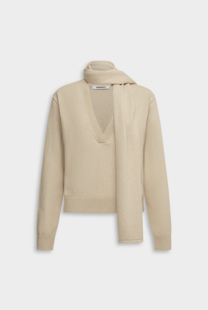 Cotton Cashmere Scarf V Neck Sweater - Oat