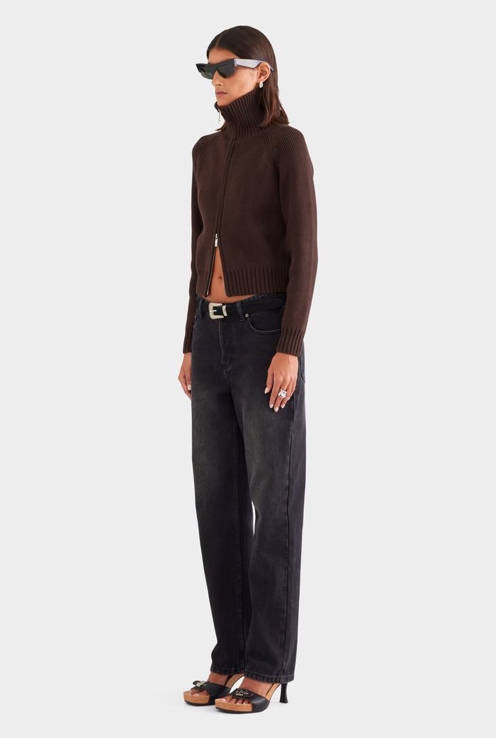Cotton Funnel Neck Zip Up Sweater - Chocolate