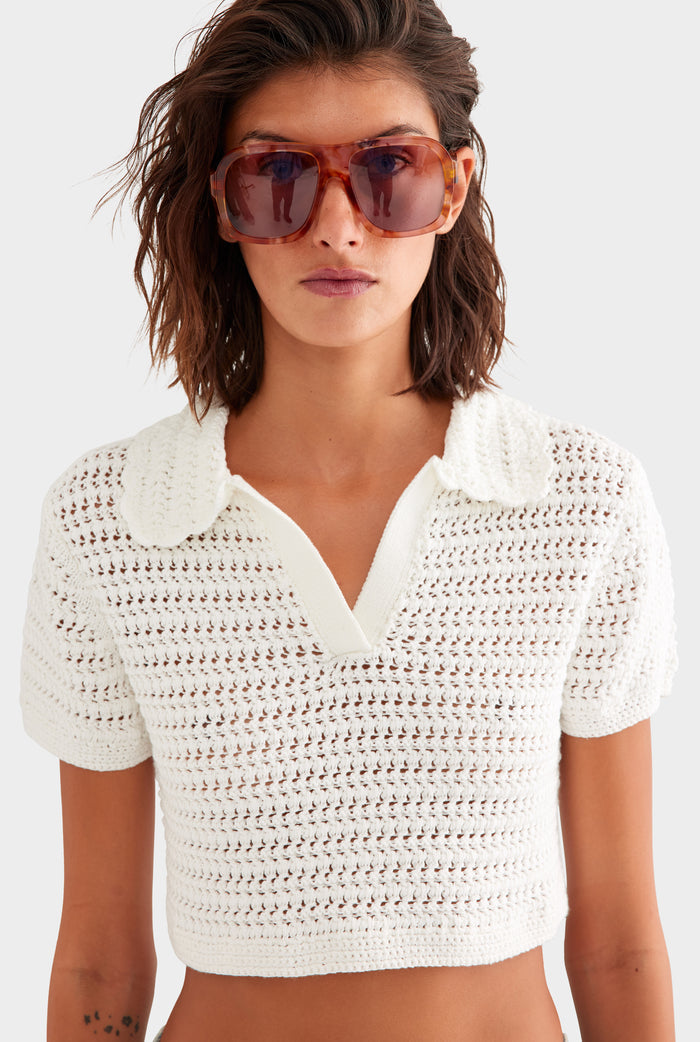 Crochet Cropped Polo - Off White