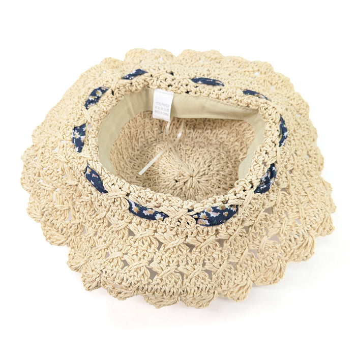 Crochet Style Hat with Blue Flower Band (57cm) - Natural