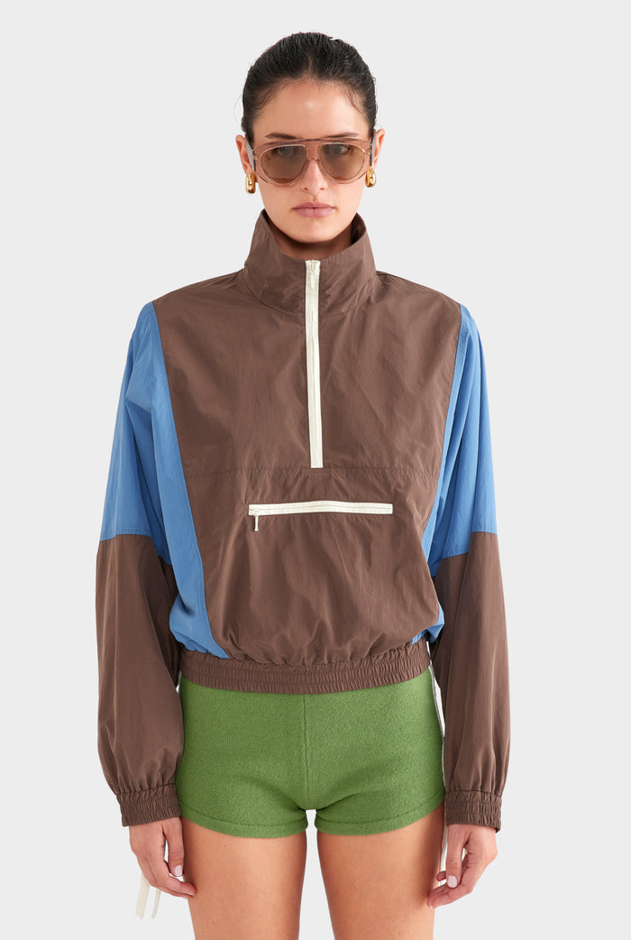 Cropped Nylon Windbreaker - Brown/Bright Blue