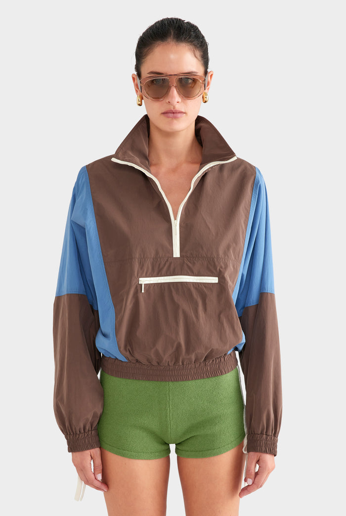 Cropped Nylon Windbreaker - Brown/Bright Blue