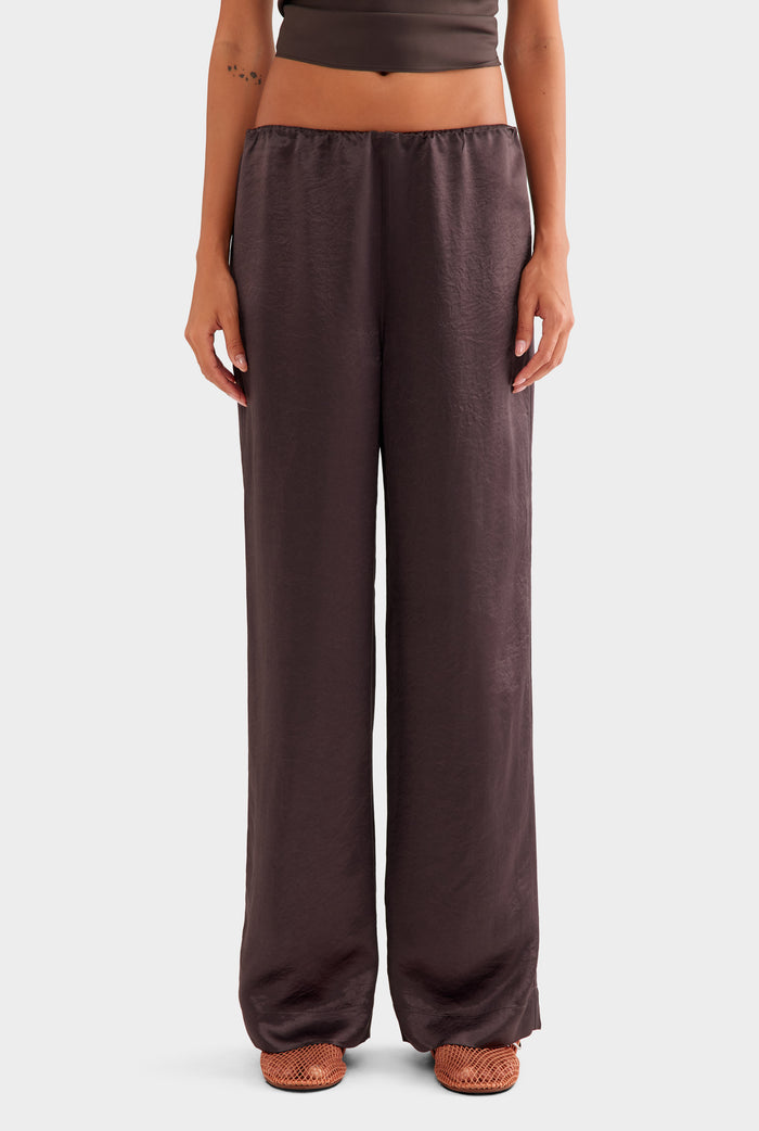 Crushed Satin Elastic Waist Pant - Dark Chocolate