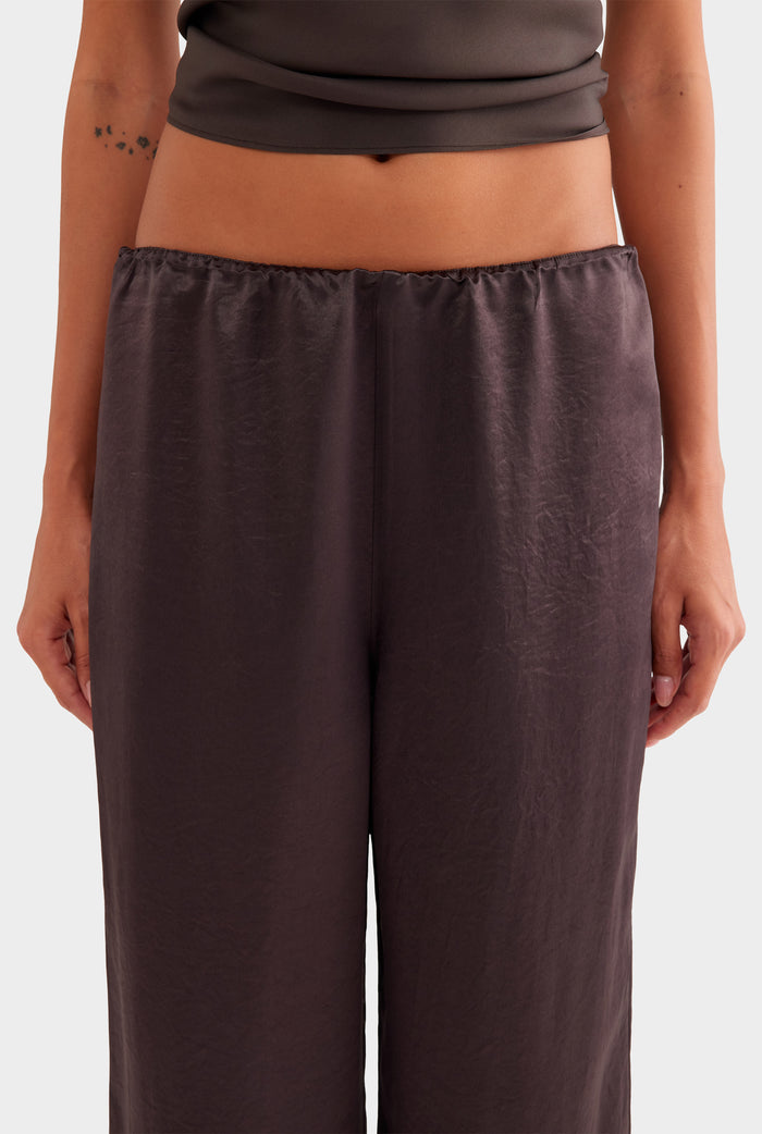 Crushed Satin Elastic Waist Pant - Dark Chocolate