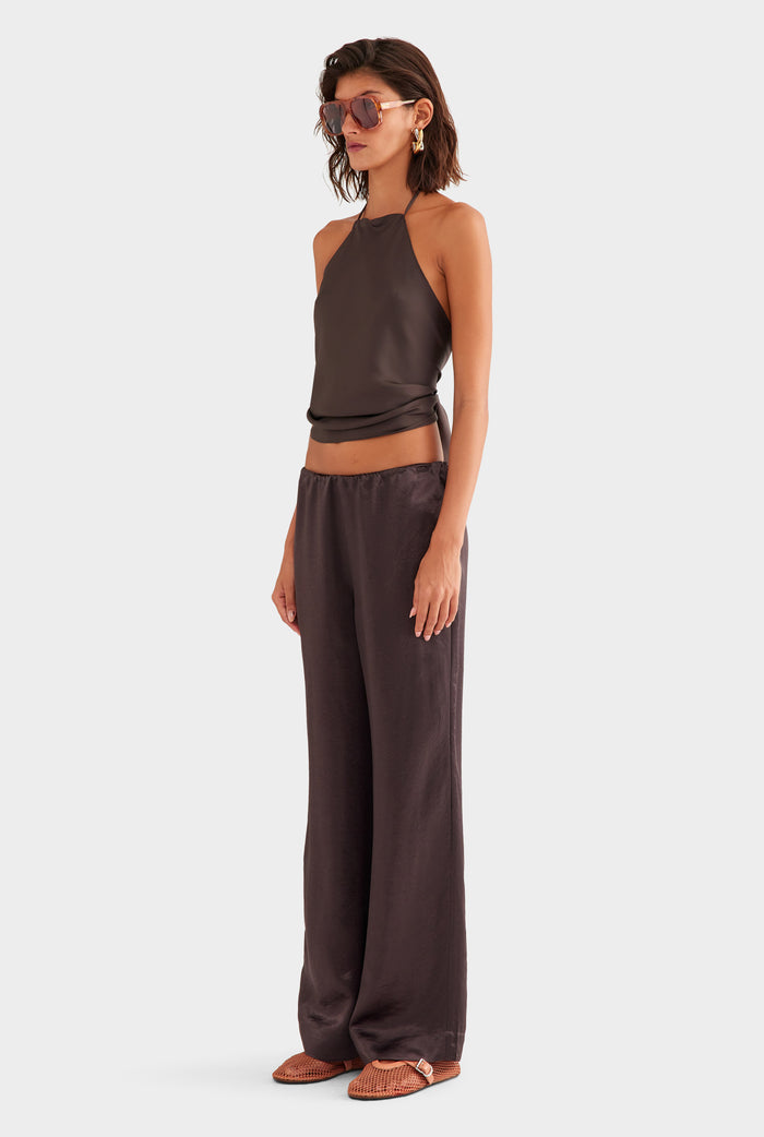 Crushed Satin Elastic Waist Pant - Dark Chocolate