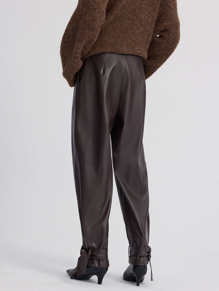Cuff-Tie Faux Leather Tapered Pants
