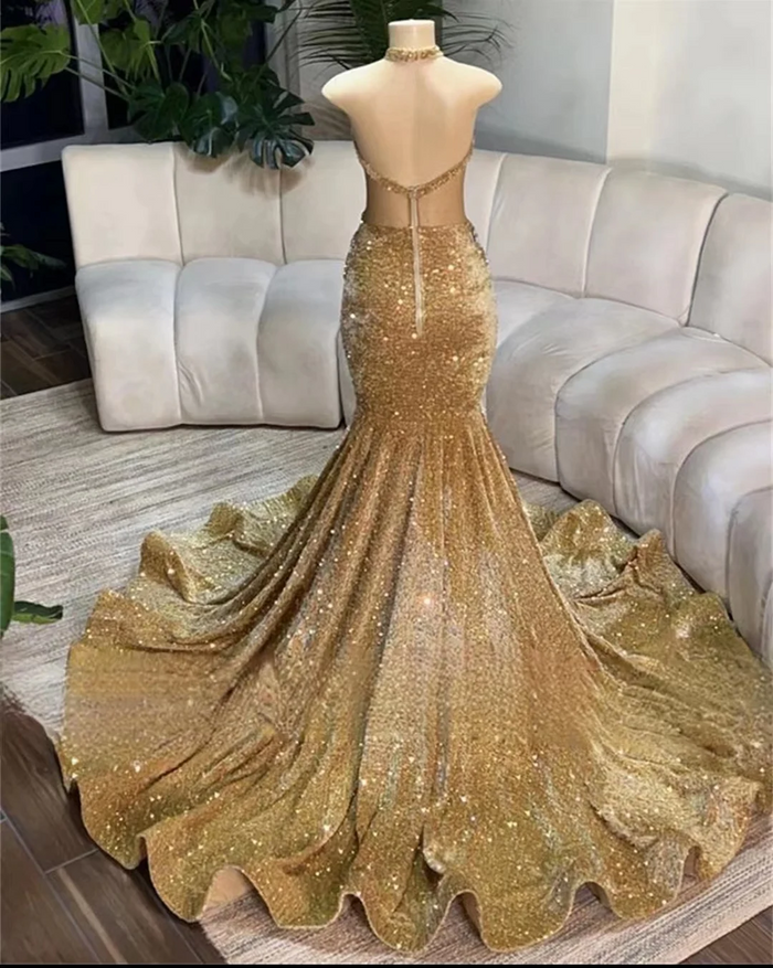 Custom Champagne Sequin Halter Prom Dress Elegant Silver Crystal Beading Mermaid Luxury Formal Evening Gowns