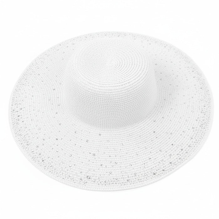 Diamante Wide Brim Foldable Hat (57cm) - White