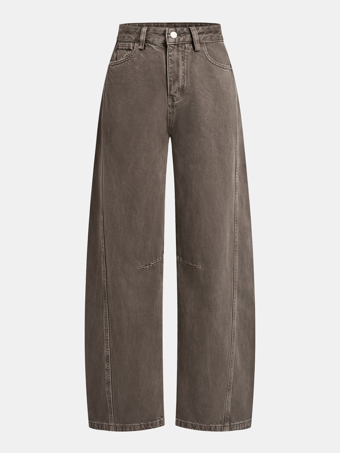 Distressed Denim Curved-Leg Pants