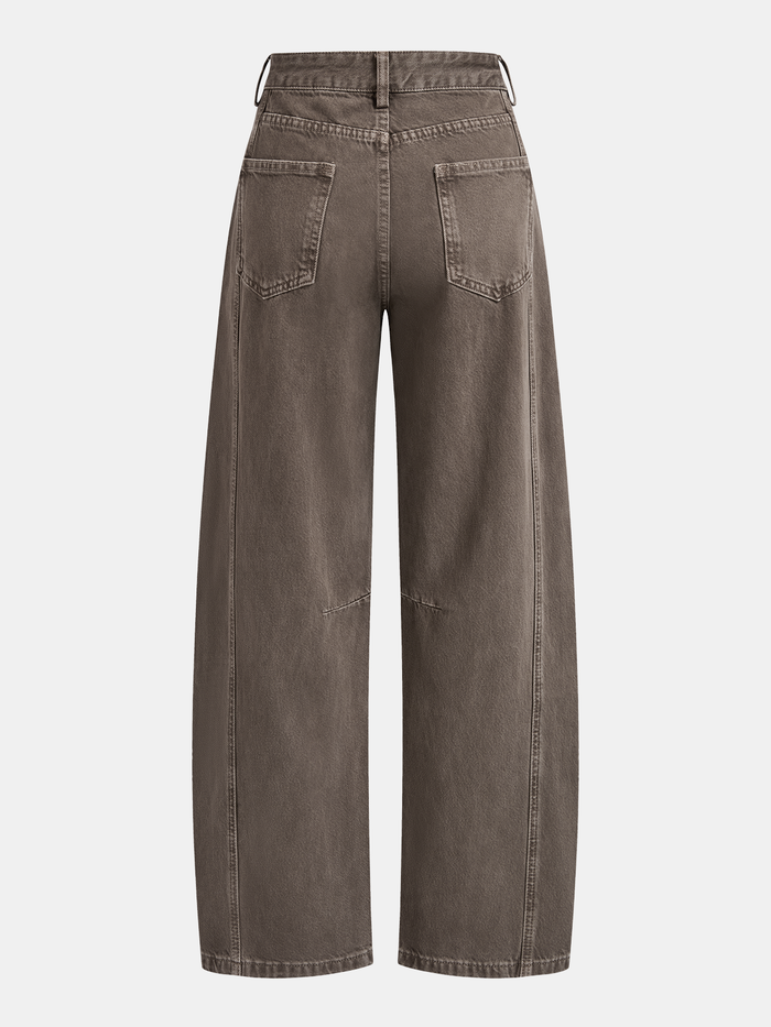 Distressed Denim Curved-Leg Pants