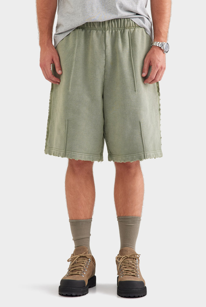 Distressed Heavyweight Track Short - Washed Olive