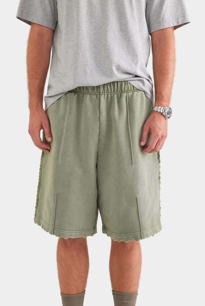 Distressed Heavyweight Track Short - Washed Olive