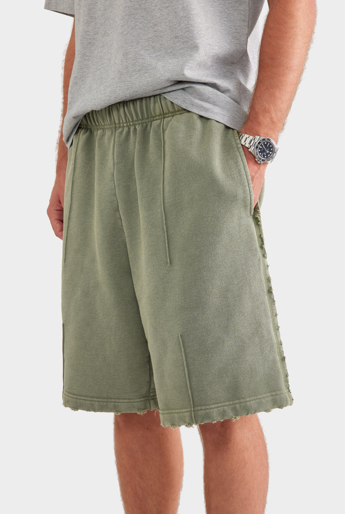 Distressed Heavyweight Track Short - Washed Olive