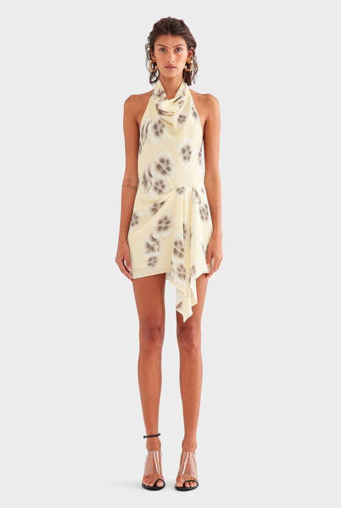 Draped Halter Mini Dress - Pale Yellow Blurred Floral