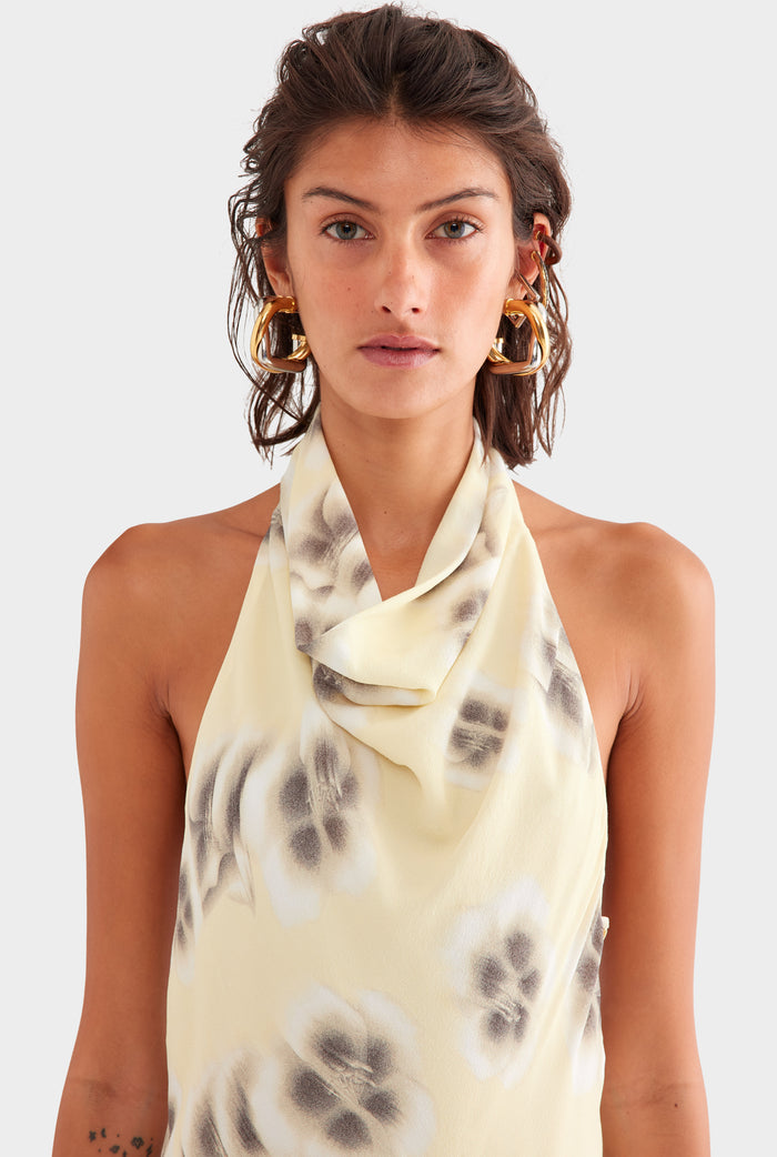 Draped Halter Mini Dress - Pale Yellow Blurred Floral