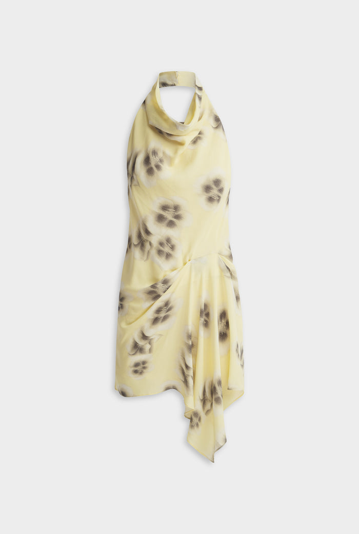 Draped Halter Mini Dress - Pale Yellow Blurred Floral