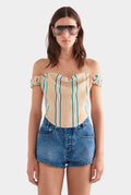 Draped Linen Corset Top - Hazelnut/Teal/Orange Stripe